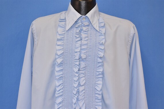 70s Tuxedo Men's Blue Ruffled Polyester Dress Shir