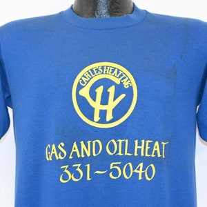 80s Carles Heating Gas & Oil Company Logo Business Blue t-shirt Medium