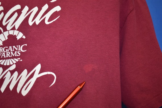 90s Organic Farms Logo Maroon Red Hanes t-shirt E… - image 3