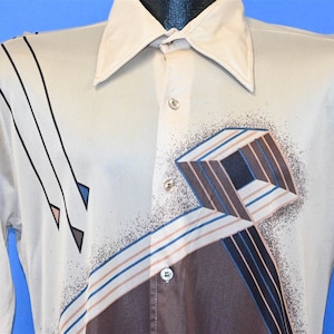 70s La Strada Fashions Brown Geometric Acetate Big Collar Disco Shirt Small