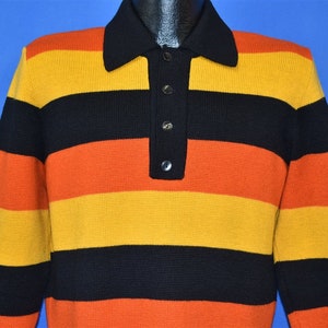 70s Striped Wool Polo-Style Sweater Yellow Orange Medium