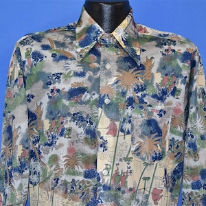 70s Tightrope Walker Big Collar Palm Tree Nylon Disco Shirt Medium