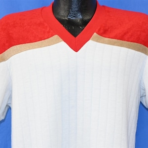 70s Terry Cloth Red White Colorblock V-Neck Short Sleeve Sweatshirt Large