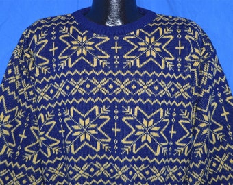 80s Blue Yellow Snowflake Pattern Ski Sweater Large