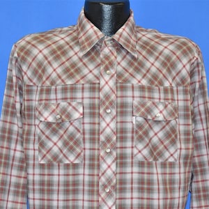 70s Levis Western Cowboy Red Gray Plaid Pearl Snap Shirt Large Vintage