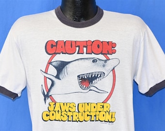 80s Caution Jaws Under Construction Funny Shark Braces Ringer t-shirt Medium