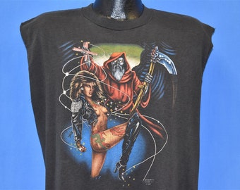 80s 3D Emblem Biker Reaper Pinup 1989 Just Brass Sleeveless Cut t-shirt  Extra Large