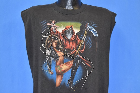 80s 3D Emblem Biker Reaper Pinup 1989 Just Brass Sleeveless Cut T