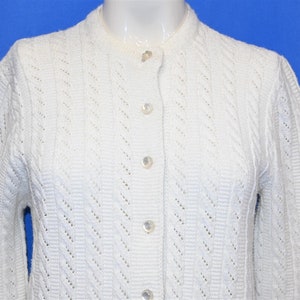 80s Cable Knit Lace Crewneck Cardigan Pockets Off-White Women&#39;s Sweater Medium