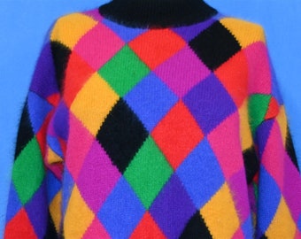 80s Rafella Angora Rainbow Multi-Colored Checkered Pullover Sweater Women's Small