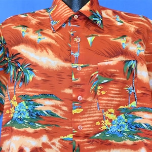 80s Orange Palm Tree Island Surfer Polyester Aloha Hawaiian Shirt Large