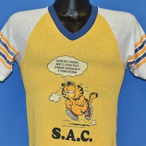 70s Garfield S.A.C. Show Me a Jogger Funny Striped Ringer Jersey t-shirt Small