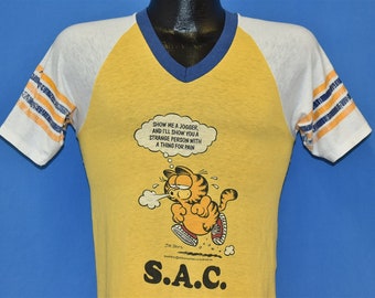 70s Garfield S.A.C. Show Me a Jogger Funny Striped Ringer Jersey t-shirt Small