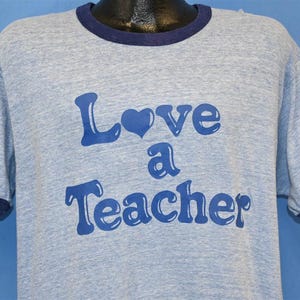 70s Love a Teacher Appreciation Heathered Blue Ringer t-shirt Large