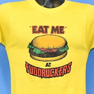80s Eat Me At Fuddruckers Fast Food Hamburger Restaurant Yellow t-shirt Small