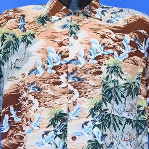 80s Palm Tree Ocean Wave Birds Beach Scene Rayon Aloha Hawaiian Shirt Large