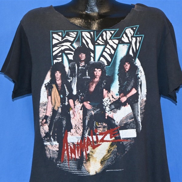 80s Kiss Animalize 1984 Album Cut Up Glam Rock Metal Band t-shirt Large