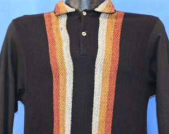 70s Campus Knit Brown Orange Striped Long Sleeve Polo Shirt Medium
