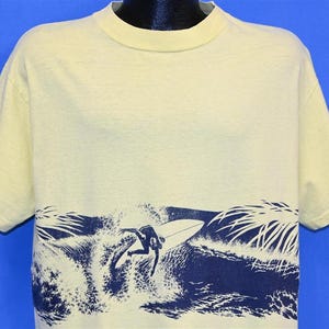 80s Surf Ocean Wave Yellow Wraparound Surfing Cotton t-shirt Large