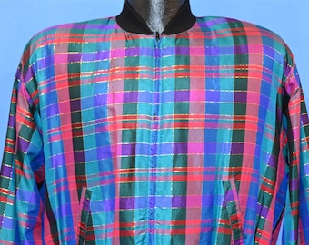 90s Sunny Leigh Tartan Plaid Silk Metallic Zip Up Bomber Jacket Small