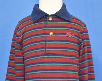 Polo Izod Lacoste bordeaux à rayures bleues et vertes Années 80 pour Jeune Petite