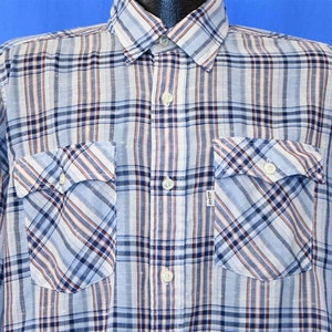 80s Levis White Tab Blue Plaid Scallop Pocket Button Down Shirt Large