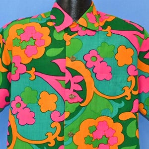 60s Sun Fashions Green Pink Orange Psychedelic Floral Hawaiian Shirt Large