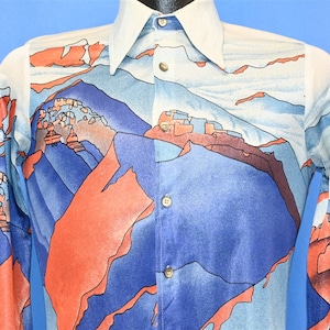 70s Geno Blue Orange Mountain Landscape Nylon Tapered Disco Shirt Small
