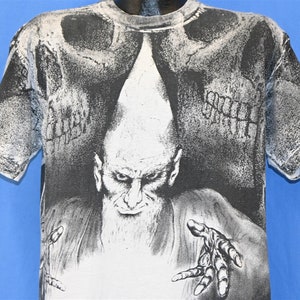 Buy Vintage Black White Wizard Skulls All Over Print Shirt Size S 
