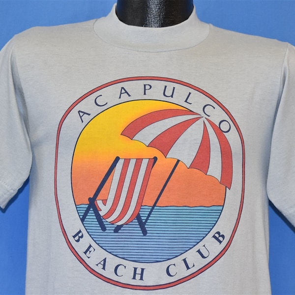 T-shirt de vacances Acapulco Beach Club, coucher de soleil, océan, chaise, petite, années 80