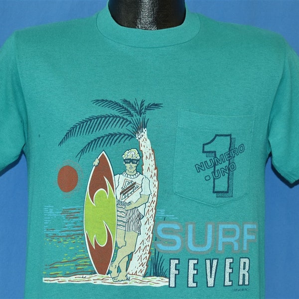 80er Jahre Surf-Fieber Numero One Sonnenuntergang Palme Strand Pocket Tee Funwear Surfing T-Shirt klein