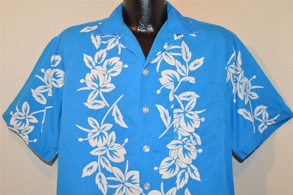 50s Blue White Pineapple Hibiscus Aloha Hawaiian S