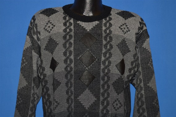 80s Geometric Print Leather Patch Sweater Large - image 1