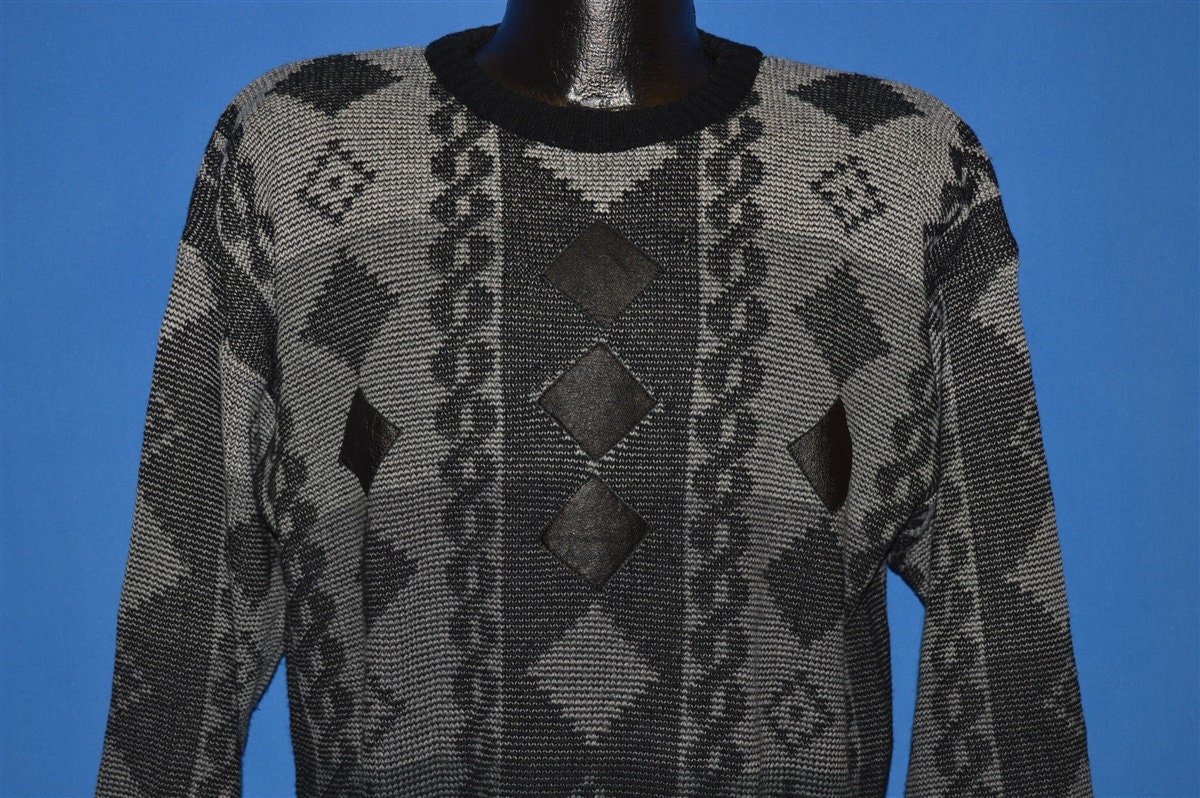 80s Geometric Print Leather Patch Sweater Large - Etsy