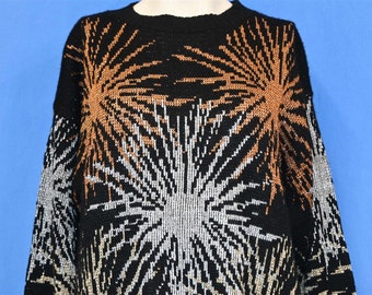 80s Metallic Fireworks Gold Silver Copper Black Pullover Sweater Women's Large