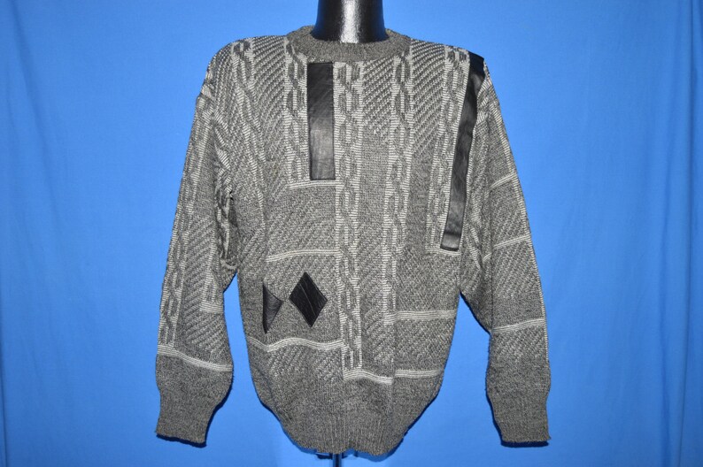 90s Brandini Gray Chains Leather Patch Sweater Large