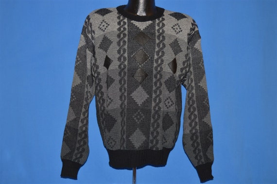80s Geometric Print Leather Patch Sweater Large - image 2