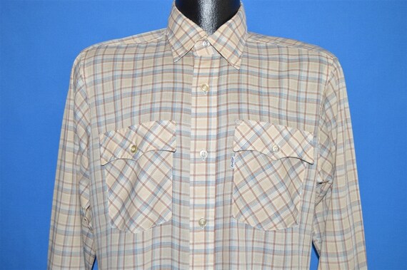 80s Levis Beige Brown Plaid Shirt Medium - image 1