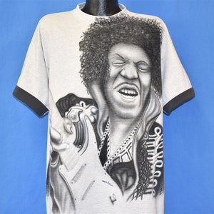 90s Jimi Hendrix Playing Guitar Airbrushed Roll Up Sleeve t-shirt XXL image 1