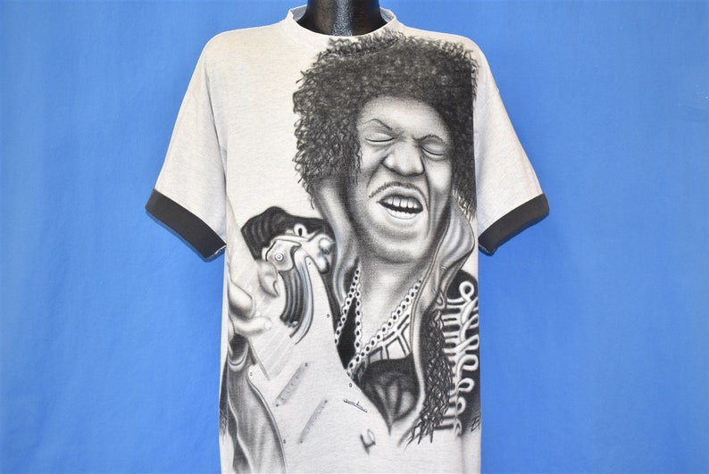 90s Jimi Hendrix Playing Guitar Airbrushed Roll Up Sleeve t-shirt XXL image 1