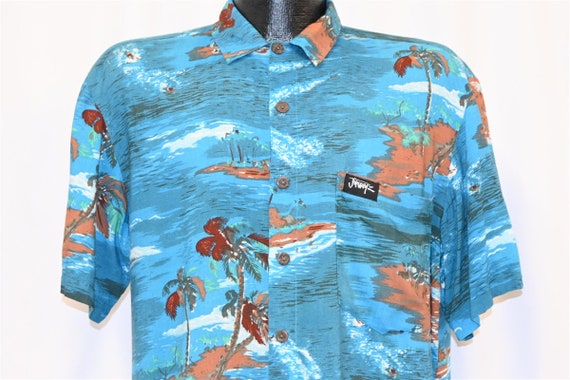 80s Jimmy'z Palm Tree Ocean Blue Aloha Hawaiian S… - image 1