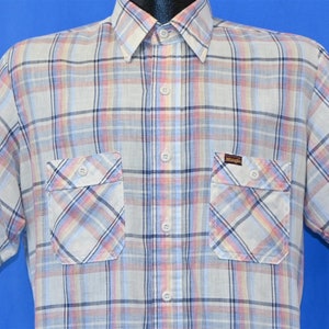 80s Wrangler Plaid Pastel Pink Yellow Blue Cream Button Down Men&#39;s Shirt Medium