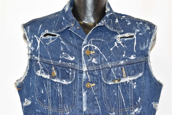 80s Lee 101J Dark Denim Vest Distressed Medium