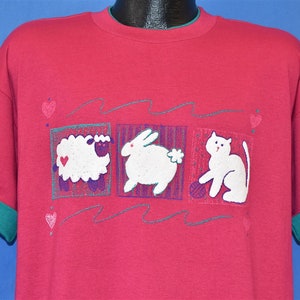 90s Sheep Bunny Cat Rabbit Cute Animals Hearts Rollup Sleeve t-shirt Extra Large