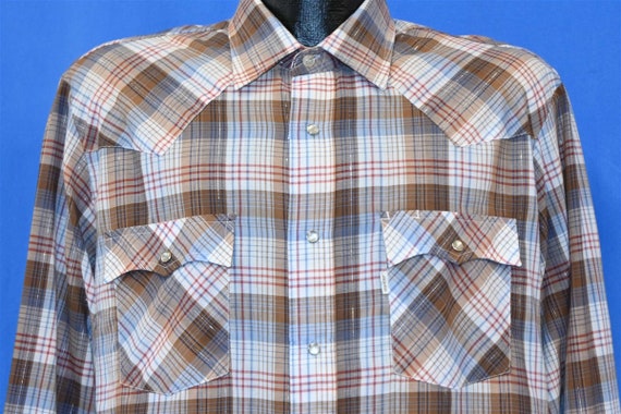 90s Levis Brown White Blue Plaid Western Cowboy P… - image 1