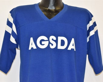 80s AGSDA Sports Jersey Blue White Striped Athletic V-Neck t-shirt Large
