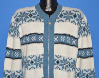 60s White Blue Snowflake Zip Up Cardigan Sweater Medium