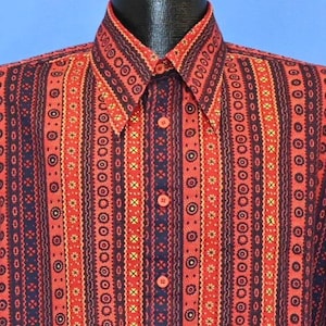 70s McGregor Geometric Striped Red Yellow Big Collar Button Down Shirt Extra Large