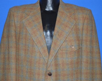 60s Brown Plaid Wool Square Button Sport Coat Suit Jacket Large Vintage