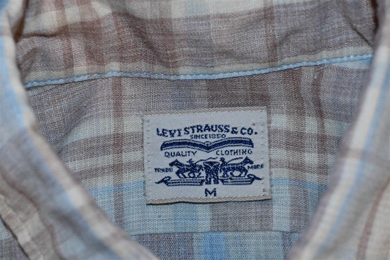 80s Levis Plaid Shirt Off White Brown Blue Button… - image 4